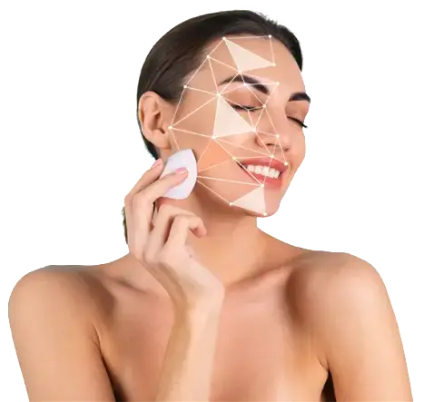Woman has AI face mesh holding a makeup sponge